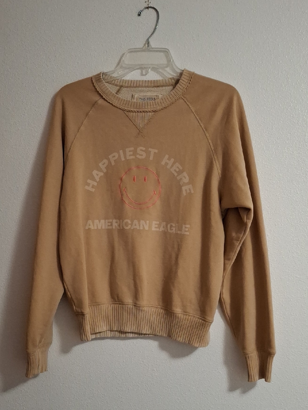 American Eagle Outfitters Tan Crewneck Sweatshirt with Pink Smiley Graphic